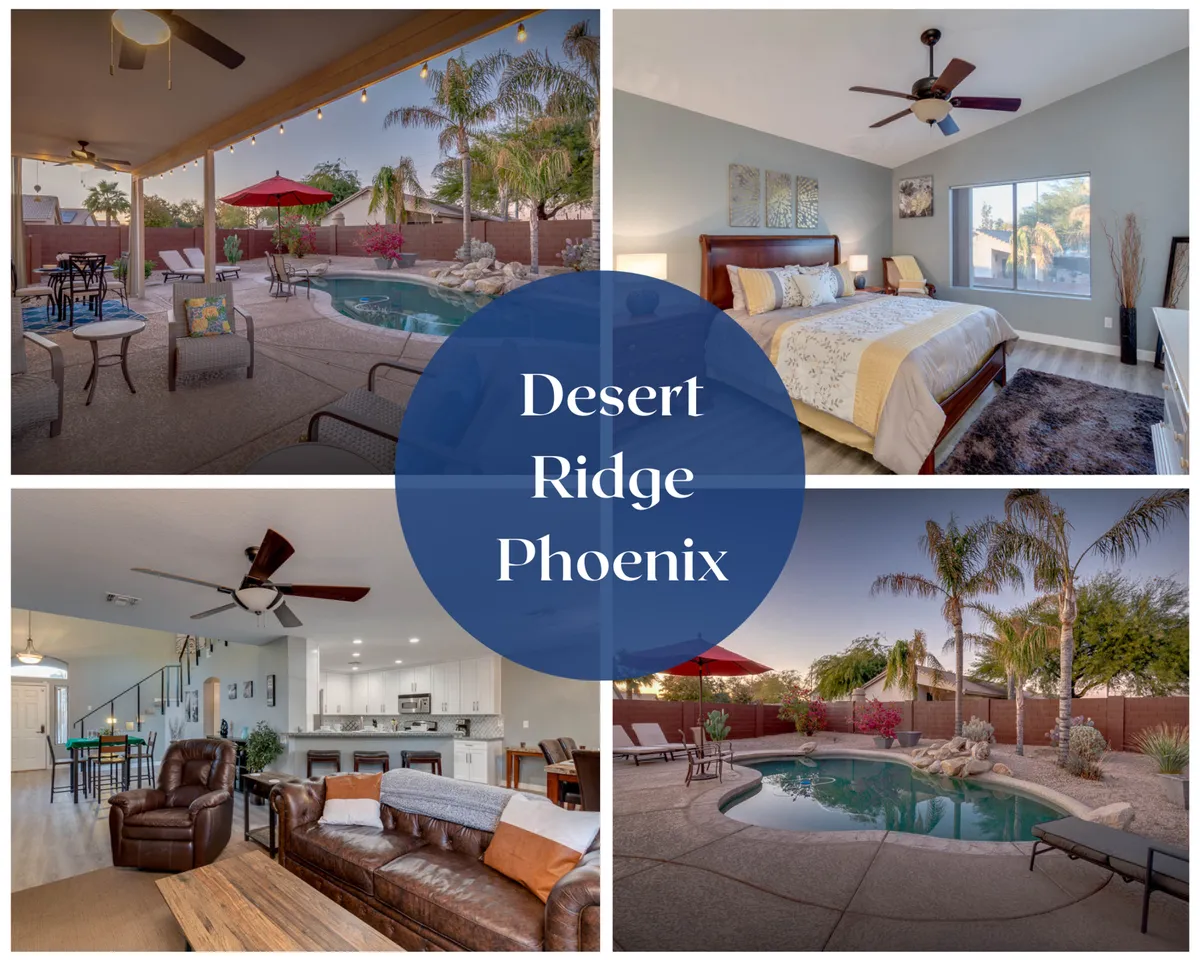 The image showcases a sparkling heated swimming pool surrounded by comfortable outdoor seating and a dining area, all perfectly arranged to capture the glow of a vibrant Phoenix sunset. The setup is ideal for relaxing poolside, sharing meals al fresco, and enjoying evenings under the stars, with glimpses of the spacious living room visible through large windows that blend indoor comfort with outdoor relaxation.
